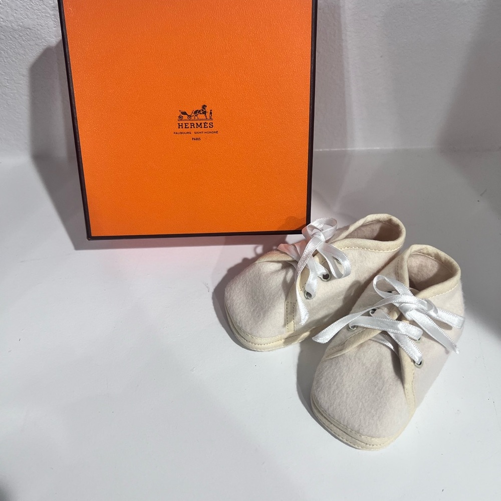 Hermes Ivory Baby Shoes with White Laces